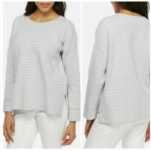 Eileen Fisher Striped Organic Cotton Silk Cuffed Sweater Top Small Preppy Gray - Picture 6 of 6